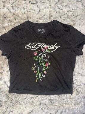 Ed Hardy Black baby Tee crop top with Floral Panther Graphic